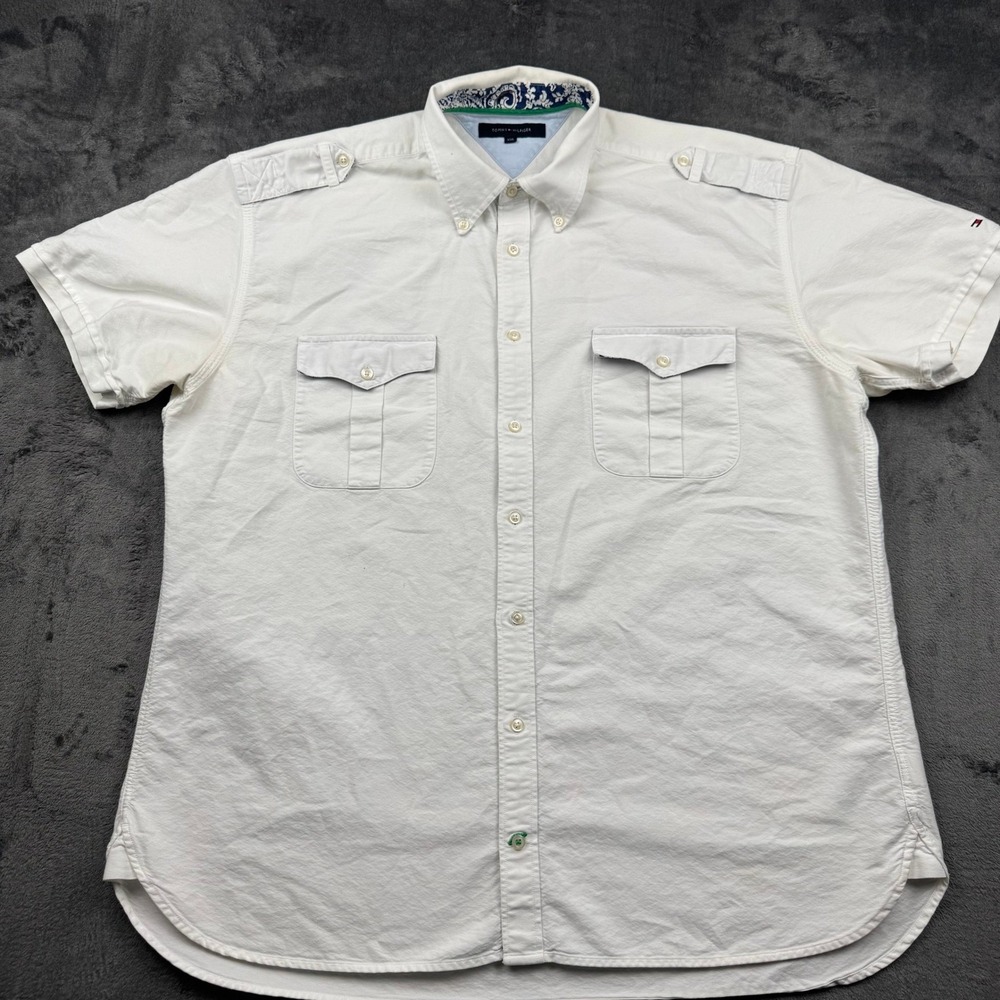 Tommy Hilfiger Mens XXL White Short Sleeve Button Down Utility Shirt Epaulettes